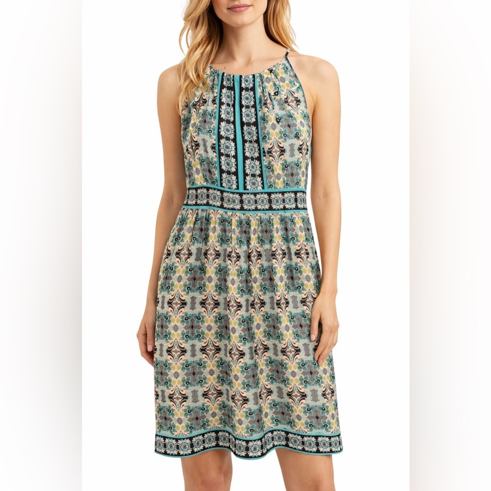 London Times Teal and Cream Halter Midi Dress with Geometric Print